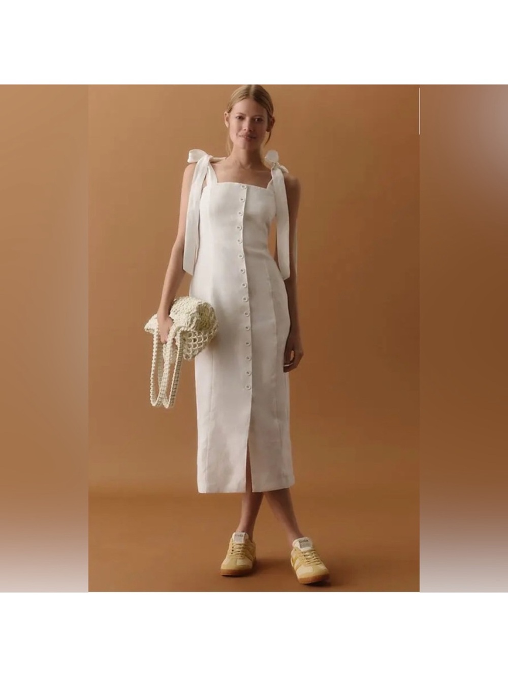 Endless Rose White Tie-Shoulder Button-Front Midi Dress Anthropologie